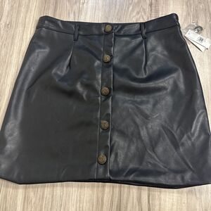 NWT Bloomingdale’s Aqua Vegan Leather Mini Grunge Goth Skirt Gold Button Med